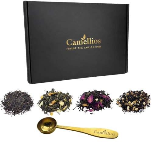 Tea Sampler Gift Set with Spoon, 4 Loose Leaf Teas, Camellios | 4 Blends, 40+ Cups, Steel Scoop | Ideal Gift for Her and Him | UK Hand Blended