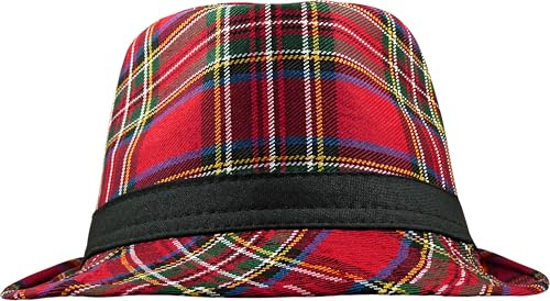 TrendandStylez Karo Hut Herren Damen – Fedora Trilby mit schwarzem Band rot kariert Kostüm & Alltag, Schotten Look, Fasching Karneval Oktoberfest Party Accessoire, Leichter Stoffhut,