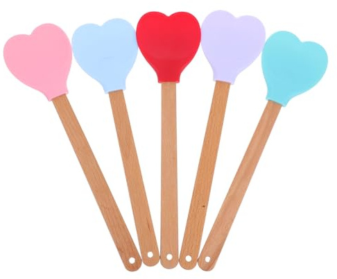 HOMOBABE Spatules en Silicone Cœur 5 Pièces Cuillères en Bois, Outils pour Cuisson et Pâtisserie, Compatibles Lave-Vaisselle, pour Cuisiner et Servir