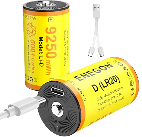 ENEGON Batteria D ricaricabile, 1,5 V, LR20, 9250 mWh, set da 2 pezzi con cavo USB-C, per illuminazione di emergenza, lampade da campeggio, lampade a LED e giocattoli