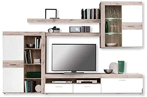 Forte ZUMBA Wohnwand 300, moderne Wohnwand mit 2 Türen, 1 Glastür, 2 Schubladen, 1 Klappe inkl. LED-Beleuchtung, Holzwerkstoff, Sandeiche Holzdekor / Weiß, 300 cm breit x 41 cm hoch x 200,9 cm tief