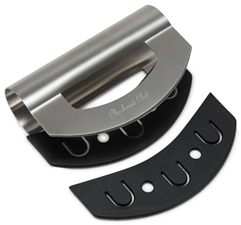 Karierter Chef Mezzaluna Chopper – Doppelklinge Edelstahl Salatschneider mit Klingenabdeckungen – Schaukelmesser – Hackmesser – machen Sie die besten gehackten Salate. Spülmaschinenfest.