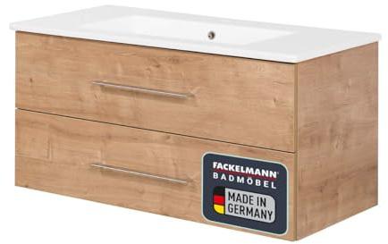 FACKELMANN B.PERFEKT Badmöbel Set aus Waschtischunterschrank und Keramik-Waschbecken, Maße: 103 x 49 x 47 cm, Material: Spanplatte & Keramik, Farbe: AST-Eiche & Weiß
