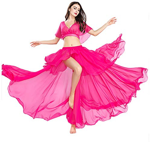 ROYAL SMEELA Magdans kjol topp magdansare kostym kostym magdans outfit prestanda kläder toppar och kjol klänningar dans chiffong lång kjol kvinnor träning övning kläder magdans klänning, Rosa (Hot Pink), en storlek