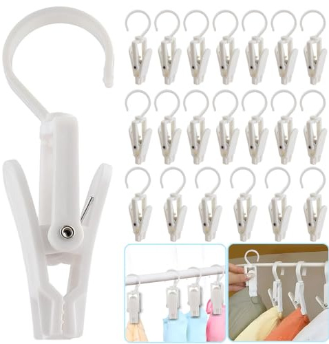 VinBee 20 PCS Laundry Hooks with Clips Super Strong Plastic Home Travel Swivel Hanging Hanger Closet Organizer Clamps Socks Boot Bras Towels for Bathroom Wardrobe Kitchen Office - 4.3 Inches (White)