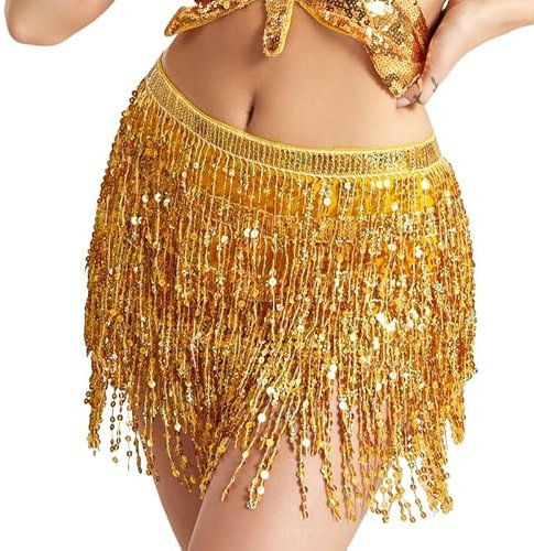 Wuchieal Pailletten Glitzer Rock - Bauchtanz Kostüm Mit Quaste Hüfttuch - Festival Kleidung Outfit Gürtel (Gold, One Size)