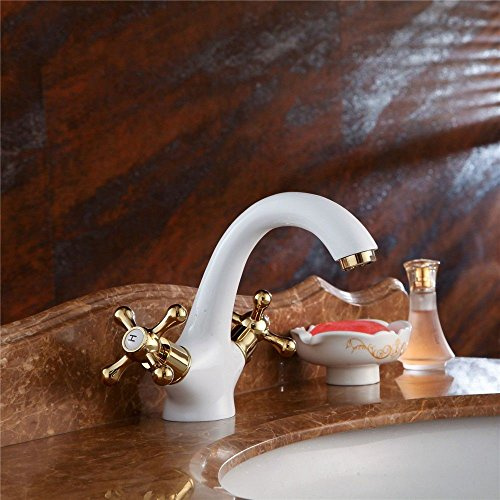 QIMEIM Wasserhahn Badarmatur Waschbeckenarmatur Retro weiße Farbe Messing 2 Hebel 1 Loch Keramik Ventil Warmes und kaltes Wasser der Einhebelsteuerung Waschbecken Armatur Waschtisch Mischbatterie