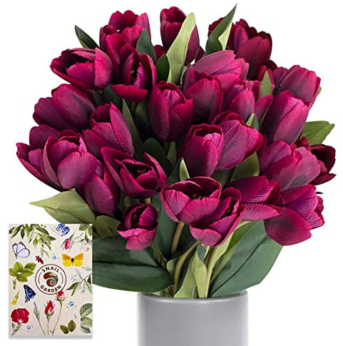 SnailGarden 27 Pcs 12 Artificial Flowers Purple Tulips，Silk Tulips Flowers with 2Pcs Satin Ribbon and 1 Pc Greeting Card for Wedding Party Decoration,Home Office Table Arrangements,Festival Gift