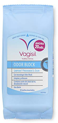 Vagisil Toallitas Higiene Íntima Odor Block, Limpian, Refrescan y Previenen el Olor Hasta 24H, 20 Unidades