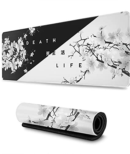 Peibeisi Gaming mauspad, schwarz weiß, kirschblüte, XXL, XL, große Matte, langes, verlängertes Mousepad, schreibtischunterlage, rutschfeste Gummi mäusepads, genähte Kanten, 31,5 x 12 Zoll
