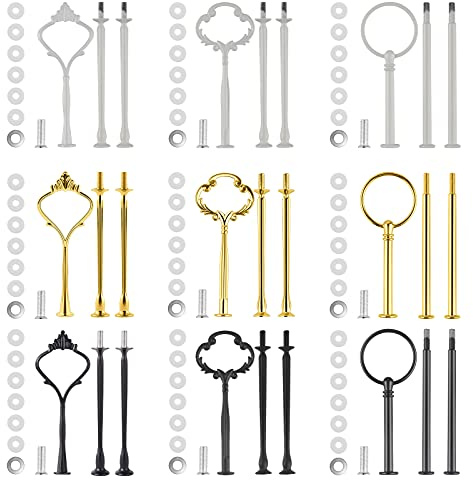 MSDADA 9 Sets Cake Stand Fittings Kits Tiered Tray Hardware for Cake, 3 Tier Stand Mold Holder Hardware for Wedding Party Making Resin Cupcake Dessert Platter Serving Stand(White&Gold&Black)