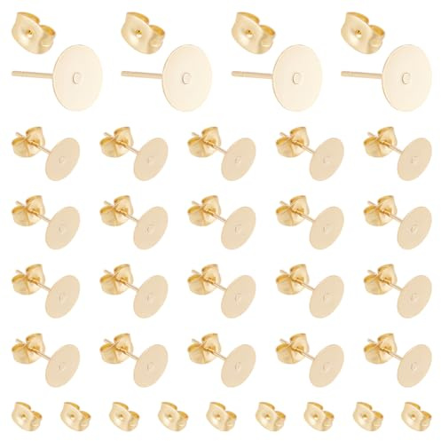 UNICRAFTALE Alrededor de 30 pieza de 8 mm de Oro con Almohadilla Plana Pendiente de Botón Hipoalergénico con Tuercas de Oreja 0.8 mm de Pasador de Acero Inoxidable Pendiente para Bricolaje Fabricación