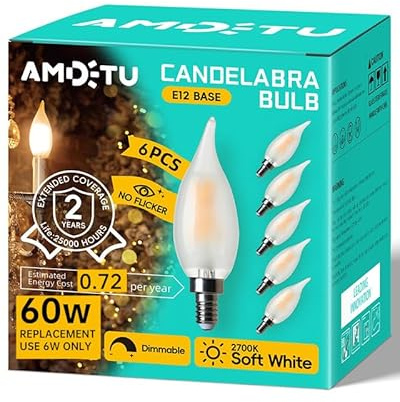 E12 60 Watt Equivalent Frosted LED Candelabra Bulb Candle CA10 Chandelier Light 2700K Soft White Dimmable E12 Base, Ideal for Dining Rooms, Living Rooms, Long-Lasting Light for Cozy Indoor Settings