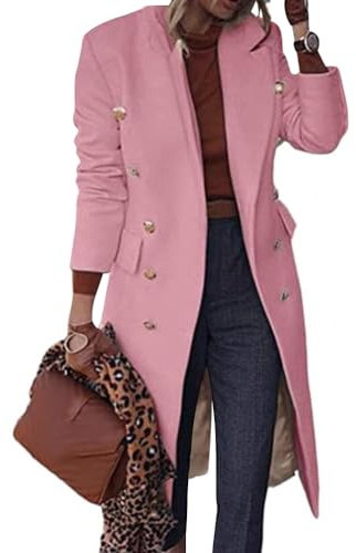 Onsoyours Veste en Laine Femme Revers Trench Coupe-Vent Manteau Long Parka Blouson Élégant À Manches Longues Couleur Unie Cardigan Coupe Ajustée Blazer Outwear Coat A Rose XXL