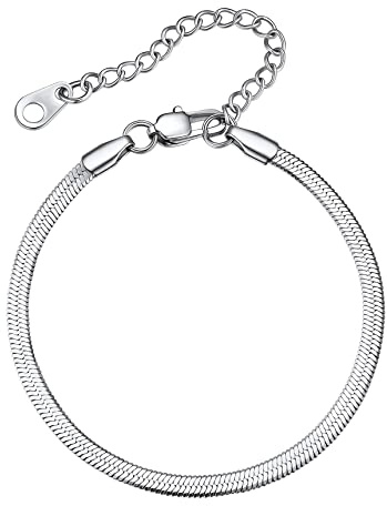 Bestyle Pulsera Serpiente Plana 3mm Ancho Pulsera Pareja Cadena Serpiente Plana Acero Inoxidable Plateado Pulseras para Parejas Serpiente Plana Cadena 16cm+5cm para Regalo