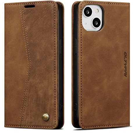 QLTYPRI Hülle für iPhone 13, Vintage Dünne Handyhülle mit Kartenfach Slot Ständer PU Ledertasche Klapphülle TPU Bumper Flip Schutzhülle Kompatibel mit iPhone 13 - Braune | Premium PU Leder Magnetverschluss Flip Case View Kickstand Weiche TPU Bumper Schutzhülle Folio Cover -Retro Braun
