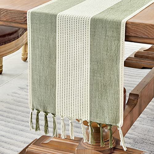 Wracra Tischläufer Salbeigrün Baumwolle Leinen, Tischläufer Boho Makramee | 90cm, Feinfühliges Spleiß Design, Tischläufer Modern Handquasten, Maschinenwaschbar, Esszimmer, Feiertage, Party, Wohnkultur
