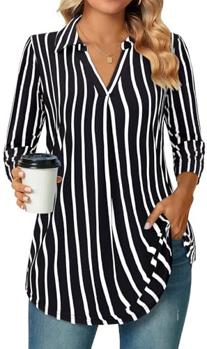 Siddhe Camicia da donna con scollo a V, maniche a 3/4, casual, a maniche lunghe, Nero a righe., M
