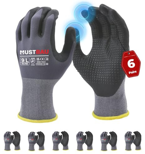 Mustbau Arbeitshandschuhe Schwarz mit Touchscreen, Arbeitshandschuhe Herren mit Nitril Beschichtung für Montagearbeit，Mechaniker, Gartenarbeit und Bauarbeiten, Gr. L, 6 Paare