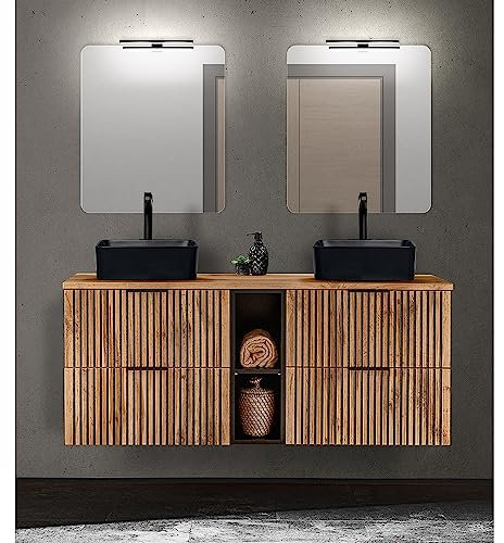 Lomadox Badmöbel Set Waschplatz Doppelwaschtisch mit Regal 141 cm Keramik Aufsatzwaschbecken Spiegel LED Aufbauleuchten Rillenfronten anthrazit Eiche Nb