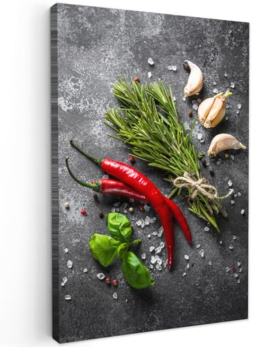 MuchoWow© Bild auf Leinwand 40x60 cm Schlafzimmer Bilder Badezimmer Wand Deko Wohnzimmer Modern Wanddeko Bilderwand Geschenk Küchen - Pfeffer - Kräuter - Gewürze - Beton