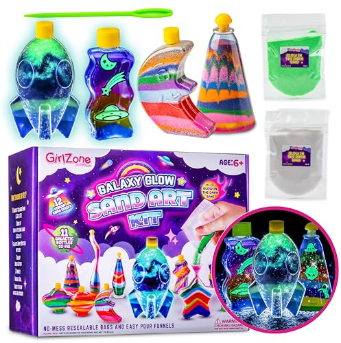 GirlZone Kit d'art de sable artisanal pour enfants à partir de 6 ans - Bouteilles d'art de sable phosphorescentes - Activité créative à faire soi-même