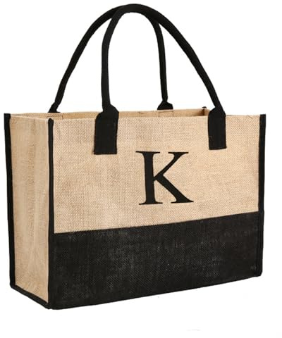 Soulnioi Baumwoll-Jute-Einkaufstasche, wiederverwendbare Einkaufstasche, personalisierte Buchstaben-bedruckte Tasche für Damen/Herren, wiederverwendbare Canvas-Strandtasche für