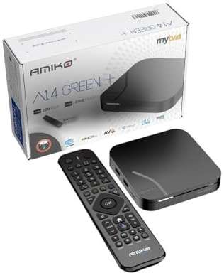 Amiko A14 Green+ Plus 4K Bluetooth Voice Remote UHD ANDROID 14 Mytv3 Quad Core Dual Band WiFi HDR10 UK PLUG TV BOX AMIKO 2GB RAM,32GB MMC