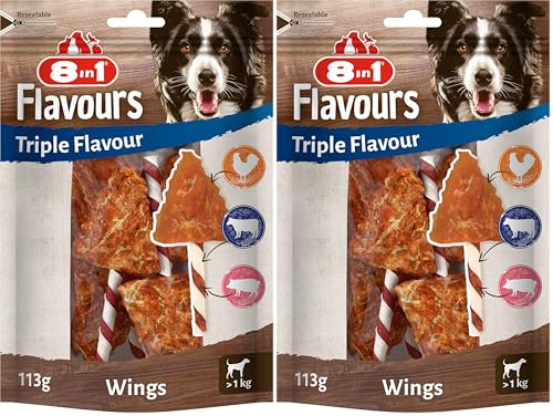 8in1 Triple Flavour Wings Kaustangen für Hunde - Kausnacks mit extra viel Fleisch, 113g Beutel (ca. 6 Stück) (Packung mit 2)