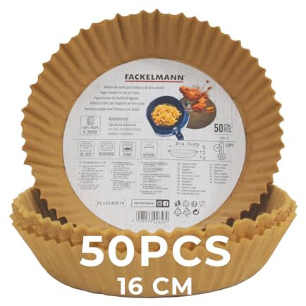Fackelmann 42856 Moule en Papier pour Air Fryer, 50 Pièces, Rond, Antiadhésif, 16 x 4,5 cm