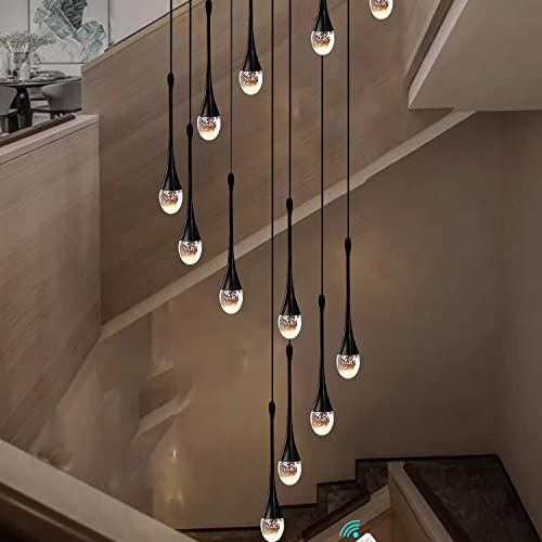 Regentropfen Kristall AnhäNger Kronleuchter,Hohe Decke,Foyers,Eingang,Schwarze 12-Licht-Kronleuchter,Treppenhaus,Lange Pendelleuchte,GroßE Kristallblase,3000–6000K Dimmbare Led-BeleuchtungsköRper