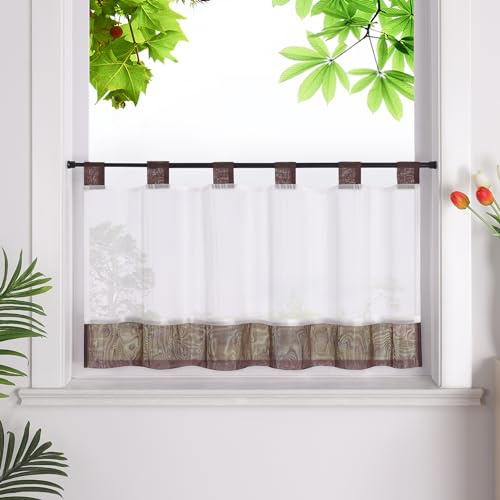 HeichkelL Scheibengardine, Leinenoptik Gardine, Braun HxB 60x120 cm | Küchengardine mit Schlaufen, Halbtransparent Bistrogardine, Landhausstil Kurzstores