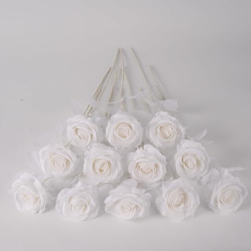 12 Stück Reines Weiß Rosen Künstlich, Einzelne Langstielige Kunstblumen Rose, Realistische Kunst Rosen für Hochzeitsdeko Brautsträuß Heiratsantrag Geburtstag Party Haus Garten Decor (Reinweiß)