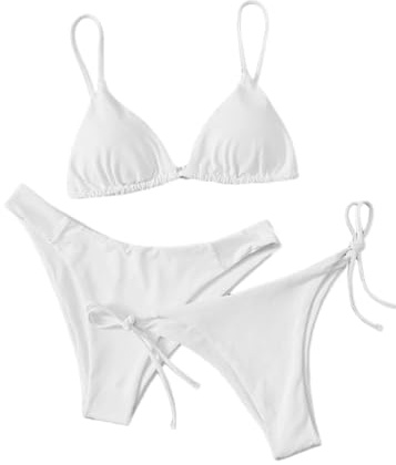 ORANDESIGNE Damen Bikini Set Dreiteiliges Sexy String Tanga Bikini Triangle Badeanzug 3-teilig Bademode 1 Bikinioberteil und 2 Bikinihosen Strandmode Bauchweg Swimsuit A Weiß S
