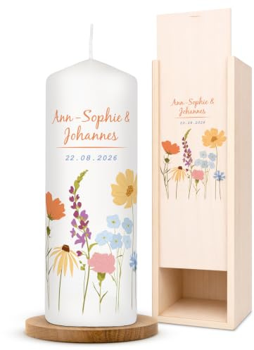 AMARI ® Hochzeitskerze personalisiert Blumenwiese 20/7 cm - mit Namen & Datum – Elegante Traukerze für Hochzeit & Standesamt