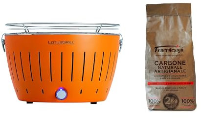 LotusGrill - Barbecue Portatile a Carbone - Standard LG G34 - con cavo di alimentazione USB, 35x23,4 cm, Arancione + 2 Kg Carbone naturale Antiche Carbonaie, 100% legno di leccio italiano artigianale