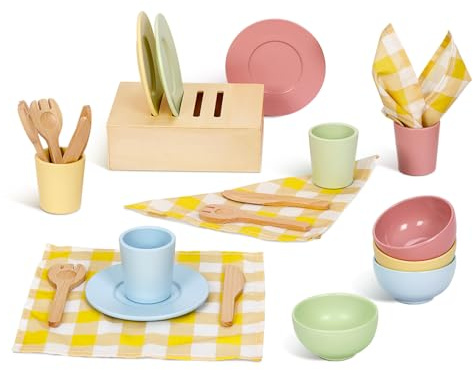 OOOK Wooden Play Dishes and Plates for Kids Kitchen Set, 25 PCS Wooden Play Kitchen Accessories, Pretend Montessori Kids Pots and Pans Playset for 3+ Toddlers