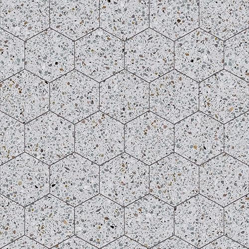 Grey Terrazzo Hexagon Effect Vinyl Flooring, slip resistant vinyl roll flooring for kitchen, bathroom, hallway, living space in 2, 3 and 4 metre widths (5m x 3m)