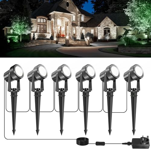 NATPOW Garden Spot Lights, Garden Spike Lights Mains Powered, LED Spotlight Outdoor 6-in-1 Landscape Light with Adapter, IP65 Waterproof 5V Stake Light for Lawn, Pathway, Yard (6000K)