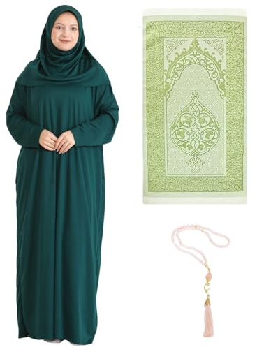 Prien Dam bönklänning med Hijab matta Tasbih muslimskt set islamiska kläder Abaya Jilbab Dubai Kaftan för Eid Ramadan, Smaragd, one size