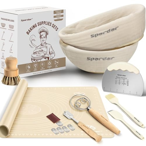 Spardar Set di cestini per la lievitazione per pane, rotondi, 23 cm e 25 cm, ovali, 100% rattan naturale, cestino per la fermentazione, inclusi accessori per la cottura e la fermentazione, viene