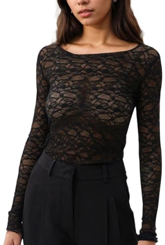 EMOTTOS Y2K Tops en Dentelle Transparente pour Femmes, T-Shirts Sexy en Maille avec Découpes Brodées Tee Shirt, Ajusté Top Dentelle pour Filles en Boîte de Nuit, Noir, S