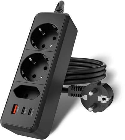 WENTONG Ciabatta Multipresa con 2 Schuko e 1 Spine EU e 3 USB, Presa Multipla con 1.5 M Cavo, 2500W Multipresa da Scrivania Piatta 10A, per Ufficio, Famiglia, Cucina e Viaggio
