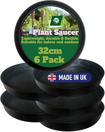 LBS Horticulture Pack of 6-32cm Heavy Duty Plant Pot Saucers Black Drip Trays for Indoor & Outdoor Pots – Durable Recycled Plastic Planter Base Water Catcher – Frost Resistant Garden Flower Tray