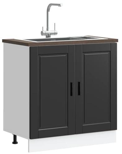 Myheimly Küchenschrank Holzwerkstoff,hoher Küchenschrank, Schrank,Küchenzeile,Schrank Küche,Einbauküche Spülenunterschrank Porto Schwarz 80x46x81,5 cm Holzwerkstoff