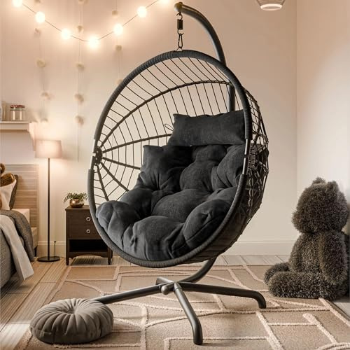 Blisswood Rattan Swing Chair for Indoor & Outdoor use - Hammock Hanging Egg Chair with Cushion and Stand - Foldable Wicker Pod Chairs for Garden, Patio or Balcony - Upto 150kg Weight Capacity (Black)