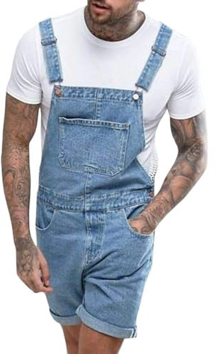 Runcati Men's Dungarees Cotton Jeans Overall Short Work Trousers Loose Fit Men's Denim Jumpsuit with Pockets, blue, XXL