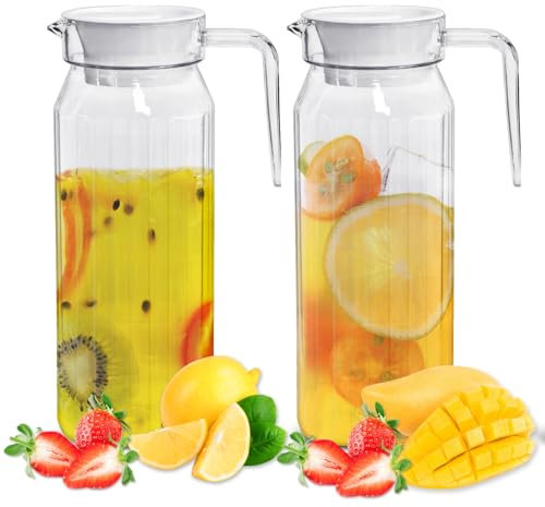 Aleker 2 Pack Water Jug with Lid, 1.1L Plastic Jug with Lid & Handle, Pitcher Can for Fridge,Transparent Striped Juice Bottle,Reusable Water Pitcher for Water Juice Milk Iced Tea