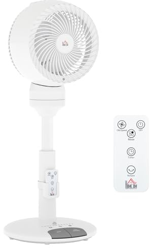 HOMCOM Standing Fan for Bedroom, 28 Pedestal Fan with Remote, 70° Oscillating, 90° Vertical Tilt, 3 Speeds, Adjustable Height, 7H Timer, Foot Button, White