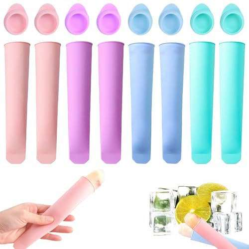Lot de 8 moules à glace en silicone, réutilisables, pour faire de délicieuses glaces (vert, violet, bleu, rose)